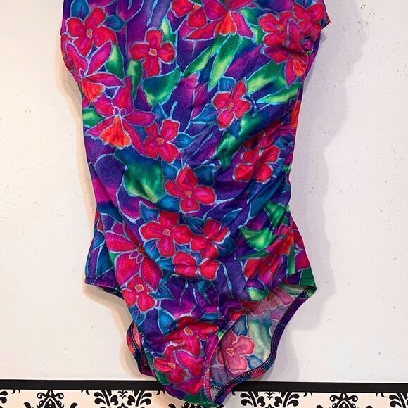 𝅺vintage 80’s Metallic Shimmer Floral One Piece XL - Picture 3 of 7
